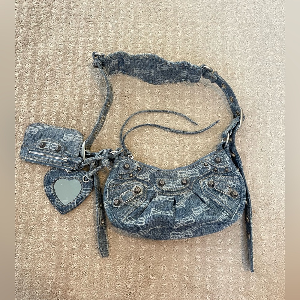 Balenciaga Bag- Blue Le Cagole XS Hobo Bag in Logo Monogram Pattern